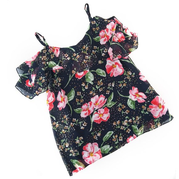 Cabi 5220 Cold Shoulder Navy Fairy Tale Floral Ruffled Lined Blouse Style M - Picture 2 of 8